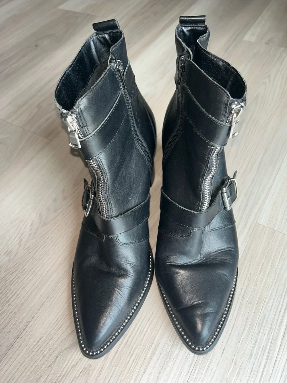 Halle Moto Buckle Booties Black 11M Leather Pointed Toe Side Zipper